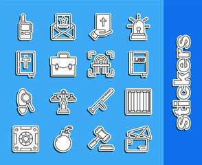 Sticker - Set line Envelope, Prison window, Law book, Oath the Holy Bible, Briefcase, bible, Walkie talkie and Fingerprint icon. Vector