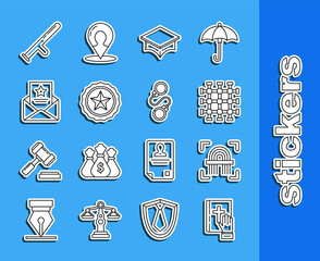 Sticker - Set line Oath on the Holy Bible, Fingerprint, Prison window, Graduation cap, Police badge, The arrest warrant, rubber baton and Handcuffs icon. Vector