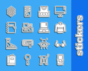 Sticker - Set line Tetris, Eyeglasses, Sweater, Waistcoat, Monitor with keyboard, Spiral notebook, Rubik cube and Laptop icon. Vector