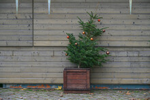 Slanted Fir Tree With Remaining Decoration Stands Abandoned In Front Of A Closed Booth At The Christmas Market, Cancelled Event Due To Coronavirus Pandemic, Copy Space