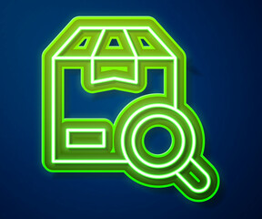 Poster - Glowing neon line Search package icon isolated on blue background. Parcel tracking symbol. Magnifying glass and cardboard box. Logistic and delivery. Vector