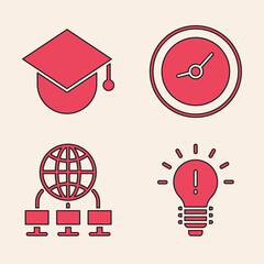 Sticker - Set Light bulb with concept of idea, Graduation cap on globe, Clock and Computer network icon. Vector