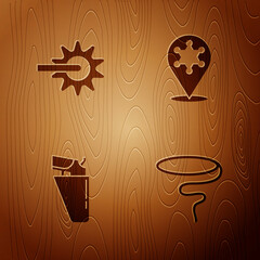 Wall Mural - Set Lasso, Spur, Revolver gun in holster and Hexagram sheriff on wooden background. Vector