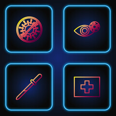 Sticker - Set line First aid kit, Pipette, Stop virus and Reddish eye due. Gradient color icons. Vector