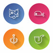 Set line Pirate treasure map, bandana for head, Anchor and Smoking pipe. Color circle button. Vector