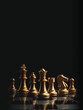The set of golden chess pieces element, king, queen rook, bishop, knight, pawn standing on chessboard on dark background, vertical style. Leadership, teamwork, partnership, business strategy concept.