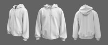 Blank Hooded Sweatshirt  Mockup With Zipper In Front, Side And Back Views, 3d Rendering, 3d Illustration