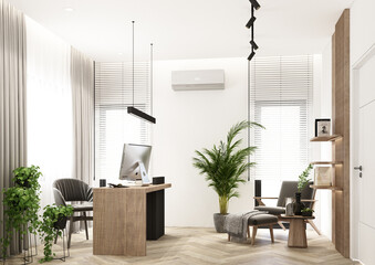 Poster - Home office design with warm tones and wood with working desk, decorative wall and armchair on parquet floor. have a plant corner in the house with wood blind and sheer curtain at windows 3d render