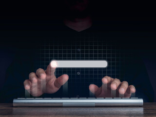Aufkleber - Searching icon on search engine bar pointing by man's finger while using computer keyboard with network background. Blank search tab. Searching browsing internet data information networking concept.