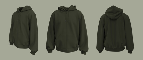 Poster - Blank hooded sweatshirt  mockup with zipper in front, side and back views, 3d rendering, 3d illustration