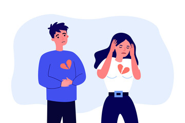 Wall Mural - Breakup of sad man and woman with broken hearts. Unhappy heartbroken couple people in conflict flat vector illustration. Divorce, end of love concept for banner, website design or landing web page