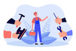 © Bro Vector - Hands giving construction tools to repairman. Tiny man standing with toolbox flat vector illustration. Renovation work, repair and maintenance concept for banner, website design or landing web page