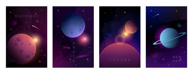 Wall Mural - Space posters. Futuristic astronomy backgrounds with galaxy planets and asteroids. Nebula and comets. Universe discovery. Science fiction cover collection. Vector galactic banners set