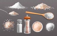 Realistic Salt. Edible Food Seasoning In Glass Bottle. Himalayan Condiment Piles And Spoons. Grains And Powder Of Sea Sodium Mineral. Cooking Ingredient. Vector 3D Culinary Spice Set
