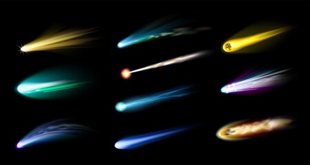 Wall Mural - realistic shooting star. 3d falling meteor trails. comets flares. fireball light. meteorite burning 
