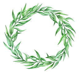  Watercolor wreath of greenery. This round frame made of eucalyptus is created of green twigs and  leaves. 