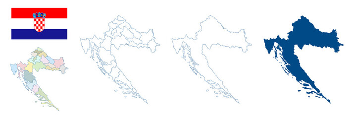 Wall Mural - Croatia map. Set of vector maps. Detailed blue outline and silhouette. Administrative divisions and communities. Country flag. All isolated on white background. Template for design and infographics.