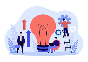 Wall Mural - Collaboration of business people working on new idea. Tiny man holding gears, using laptop near lightbulb flat vector illustration. Teamwork concept for banner, website design or landing web page