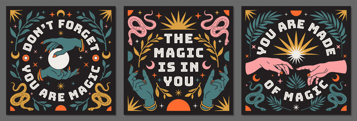 Wall Mural - boho mystical posters with inspirational quotes about energy, magic and good vibes in trendy bohemia