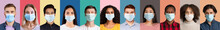 Mosaic Of Diverse People Faces In Surgical Disposable Masks Fighting Covid-19 Virus On Different Colorful Backgrounds