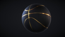 Black Basketball Ball With Golden Glowing Lines And Dimple Texture Isolated On Dark Background. Futuristic Sports Concept. 3d Rendering