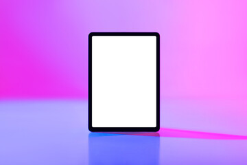 Poster - Modern tablet computer with mockup for application or website on blank white screen in neon light