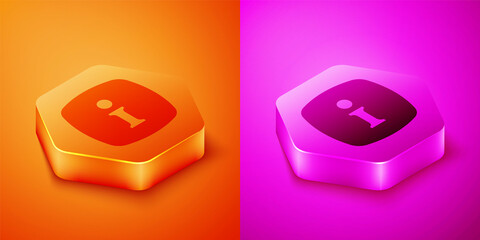 Poster - Isometric Information icon isolated on orange and pink background. Hexagon button. Vector