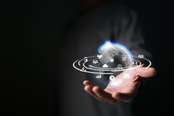 Poster - Business intelligence and big data analytics are two concepts that are often used together. Global business concept of a world map point and line composition. Technology for creating digital links.