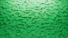 Futuristic, Green Wall Background With Tiles. Polished, Tile Wallpaper With 3D, Fish Scale Blocks. 3D Render