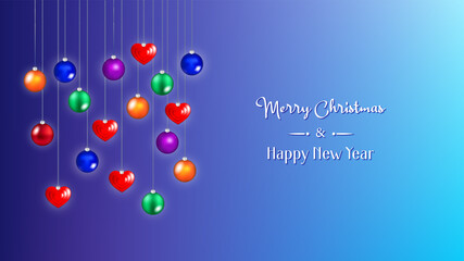 Wall Mural - Merry Christmas and Happy New Year. Festive poster with colored glass balls toys and hearts hanging on a blue background