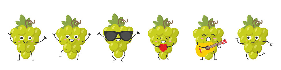 Wall Mural - Set bunch grapes greeting jumping loves sings running cute funny character cartoon smiling face happy joy emotions ripe juicy symbol wine beautiful icon vector illustration.