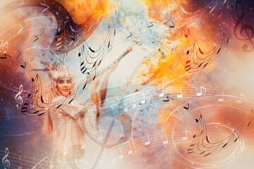 Poster - beautiful shamanic girl playing on shaman flute on abstract structured space background.