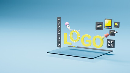 Fototapete - Graphic designer creative creator design logo artwork curve pen tool illustration equipment icons digital computer display workspace. Graphic design software. 3d rendering.