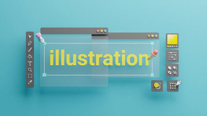 Fototapete - Graphic designer creative creator design logo artwork curve pen tool illustration equipment icons digital computer display workspace. Graphic design software. 3d rendering.