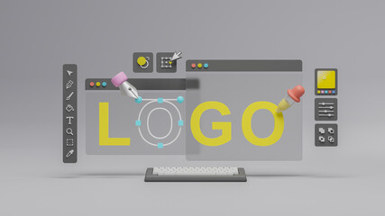 Fototapete - Graphic designer creative creator design logo artwork curve pen tool illustration equipment icons digital computer display workspace. Graphic design software. 3d rendering.