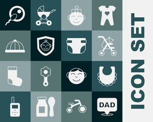 Set Speech bubble dad, Baby bib, stroller, Little girl head, on shield, hat, Sperm and diaper icon. Vector