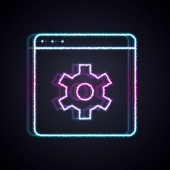 Poster - Glowing neon line Browser setting icon isolated on black background. Adjusting, service, maintenance, repair, fixing. Vector