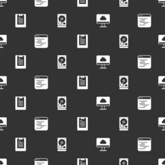Poster - Set Cloud technology data transfer, Software, Server, Data report and Hard disk drive HDD on seamless pattern. Vector
