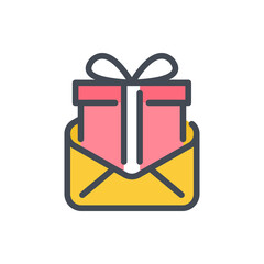 Poster - Mail with gift box color line icon. Online present box vector outline colorful sign.