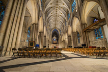 Magnificent High Ceiling And Chairs At The Nave Of The York Minster Cathedral