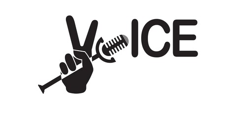 Voice logo design with peace hand and microphone