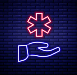 Wall Mural - Glowing neon line Cross hospital medical icon isolated on brick wall background. First aid. Diagnostics symbol. Medicine and pharmacy sign. Colorful outline concept. Vector