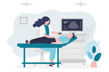 Nurse makes ultrasound scan to patient. Male character came to clinic for ultrasound of abdominal cavity