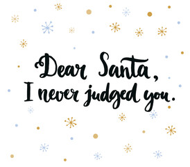 Wall Mural - Dear Santa, I never judged you. Fun phrase for Christmas cards, posters, letters to Santa Claus and social media content. Black vector lettering. Brush calligraphy on snowflakes background