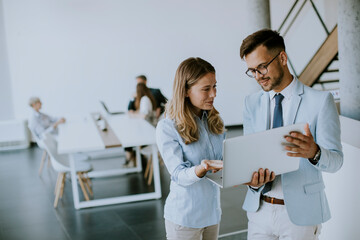 Poster - Young business couple working and discussing by laptop in the office