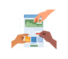 Aufkleber - Web designers working on UX mobile application interface. Vector programming and user usability development, graphic and visual view of webpage or app. Hands with parts building new projects