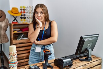 Sticker - Young brunette woman holding banner with open text at retail shop thinking looking tired and bored with depression problems with crossed arms.