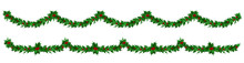 Two Endless Garlands Of Holly Leaves With Red Berries  On A Transparent Background