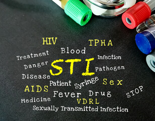 Poster - STI (Sexually Transmitted Innfection) term with medical equipements. HIV, HBV, HCV, Syphilis STD ,STOP STD. Medical concept.