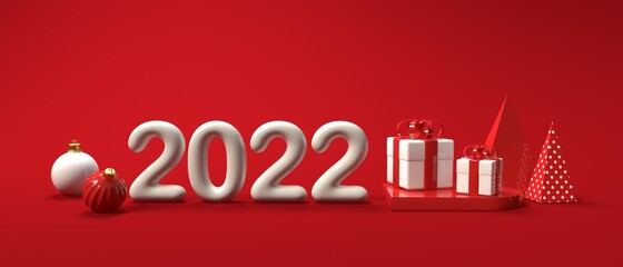 Poster - 2022 New Year celebration theme with gift boxes and ornaments - 3D render illustration